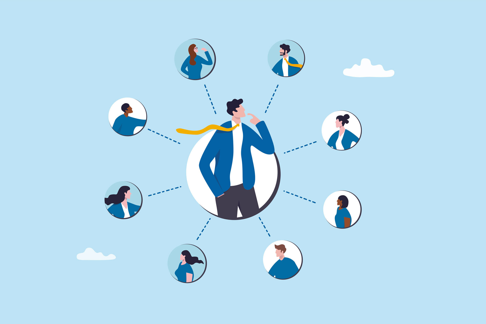 Eine Illustration eines Mannes in Businesskleidung in einem Kreis, umringt von weiteren Kreisen mit Darstellungen von verschiedenen Personen, zu sehen sind nur die gezeichneten Köpfe