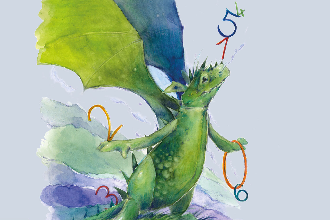 Illustration von Drache Frido, einer Figur in grün und blau, der Zahlen jongliert