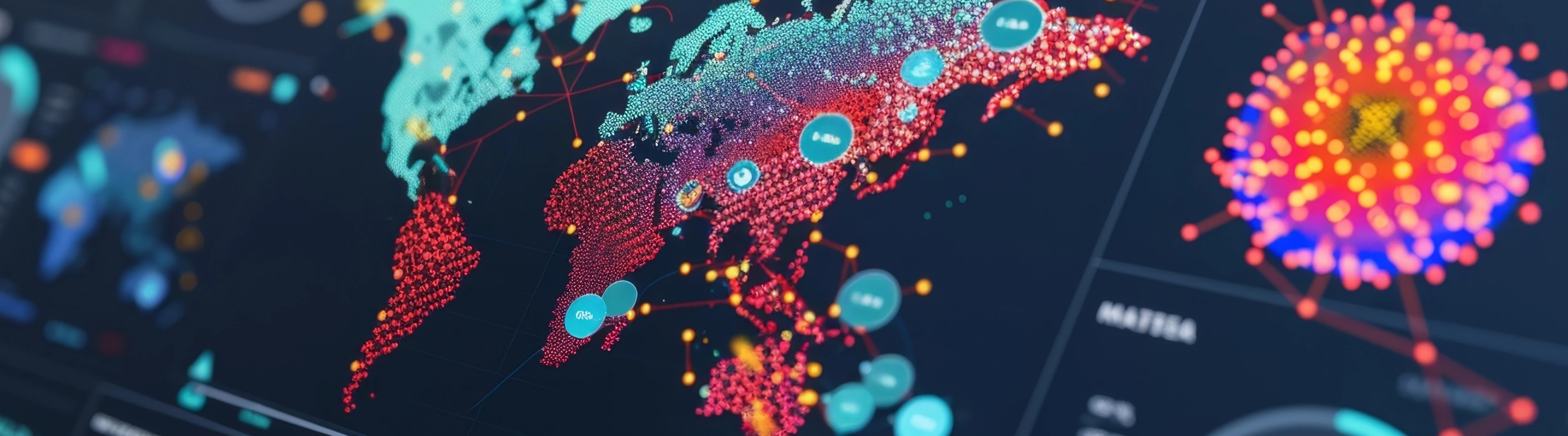 A dashboard with interactive maps showcasing the geographic distribution of population health data and predicting potential disease outbreaks