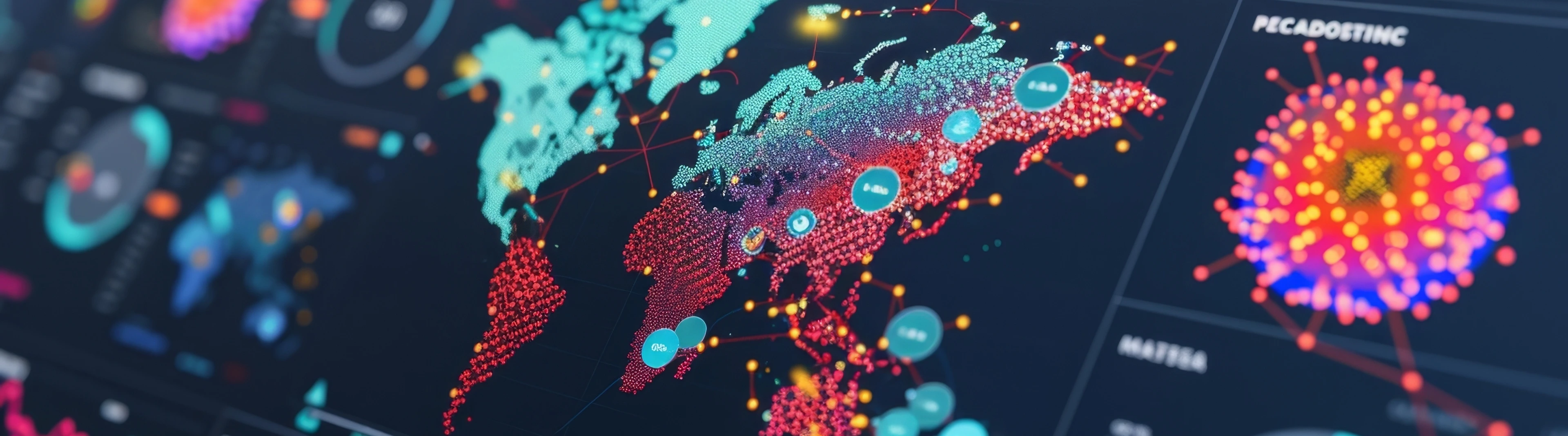 A dashboard with interactive maps showcasing the geographic distribution of population health data and predicting potential disease outbreaks