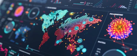 A dashboard with interactive maps showcasing the geographic distribution of population health data and predicting potential disease outbreaks