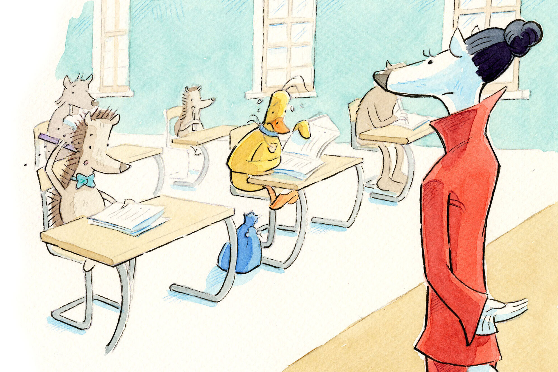 Illustration, Aquarell, Ente Merle sitzt mit Mitschüler*innen im Klassenzimmer, sie sieht bedrückt aus