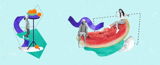 Collage 3d pinup pop retro sketch image of funky funny lady guy cooking food isolated teal color background