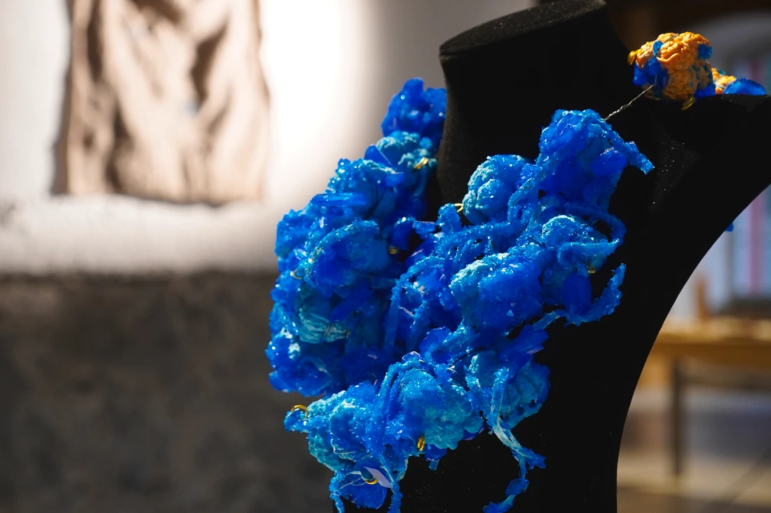 Photo of Exhibition of  The works of Anna Dumitr showing Cellular Reprogramming Necklace 2 | photo credit Alex May 