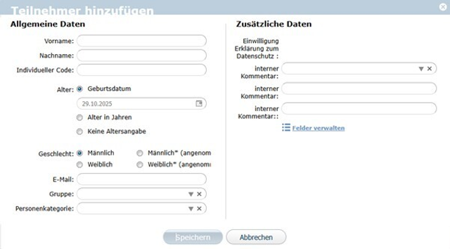 Testvorbereitung: Hier können Sie die Daten Ihrer Testpersonen hinterlegen, anonymisiert oder mit Klarnamen. Neben den Allgemeinen Daten, können Sie zusätzliche Daten erfassen, die in der Auswertung angegeben werden.