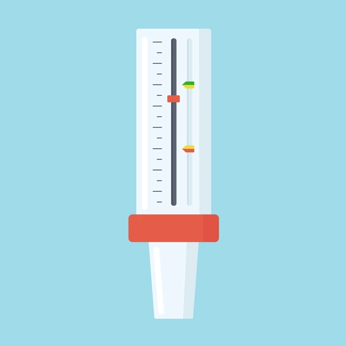 Peak flow meter device that measures the amount of air a person can forcefully blow out of their lungs.