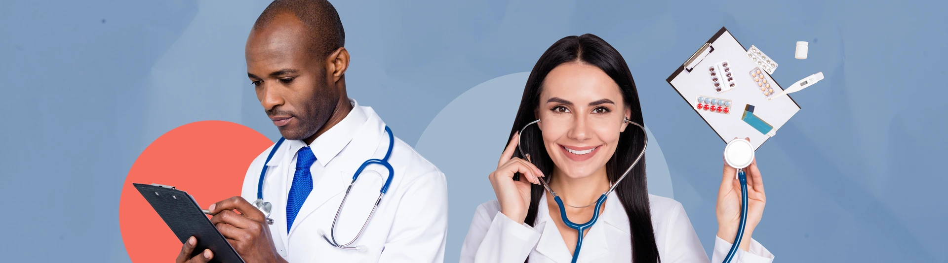 Collage template image of smiling successful physicians doctors colleagues together on patient health checkup