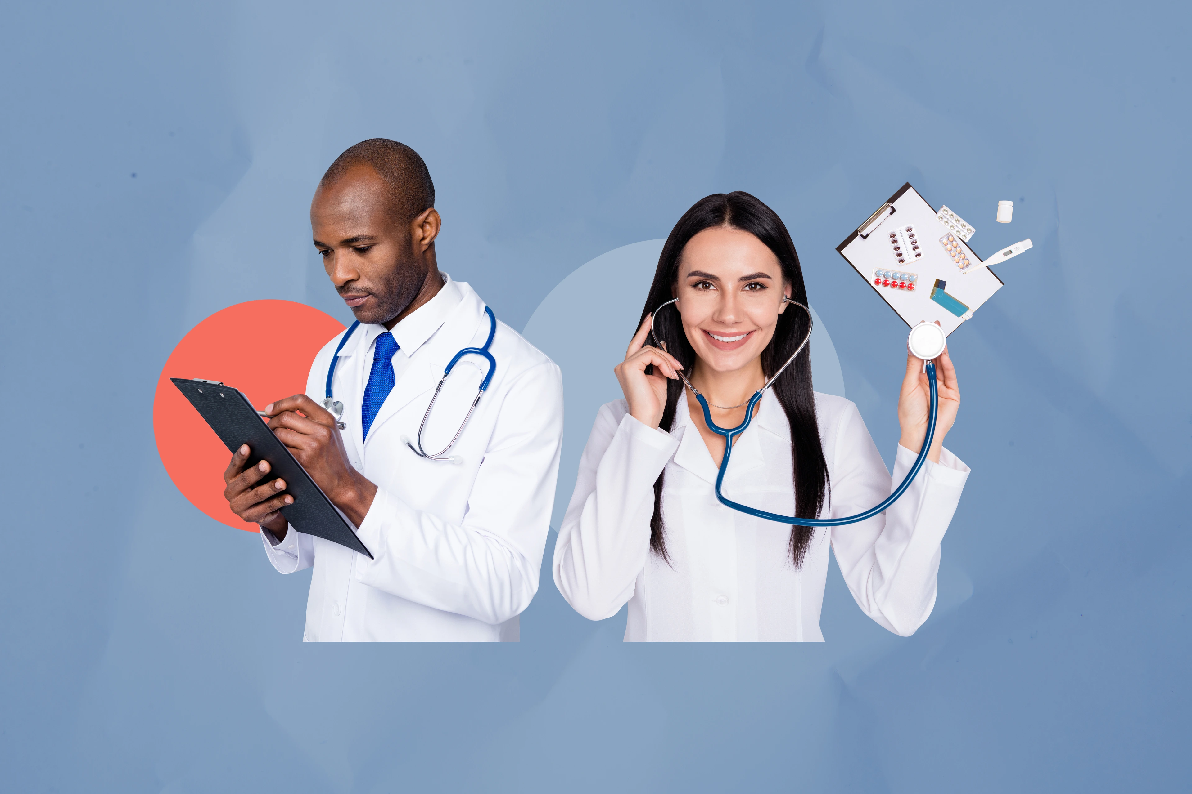 Collage template image of smiling successful physicians doctors colleagues together on patient health checkup