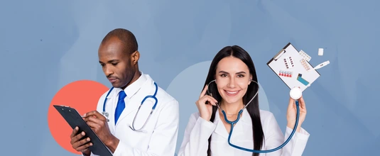 Collage template image of smiling successful physicians doctors colleagues together on patient health checkup