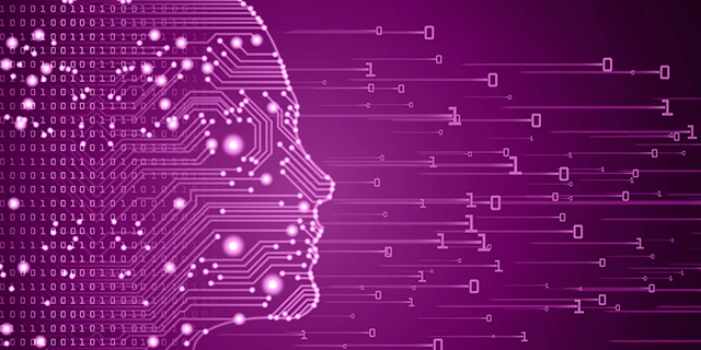 Big data and artificial intelligence concept. Machine learning and cyber mind domination concept in form of women face outline outline with circuit board and binary data flow on blue background.