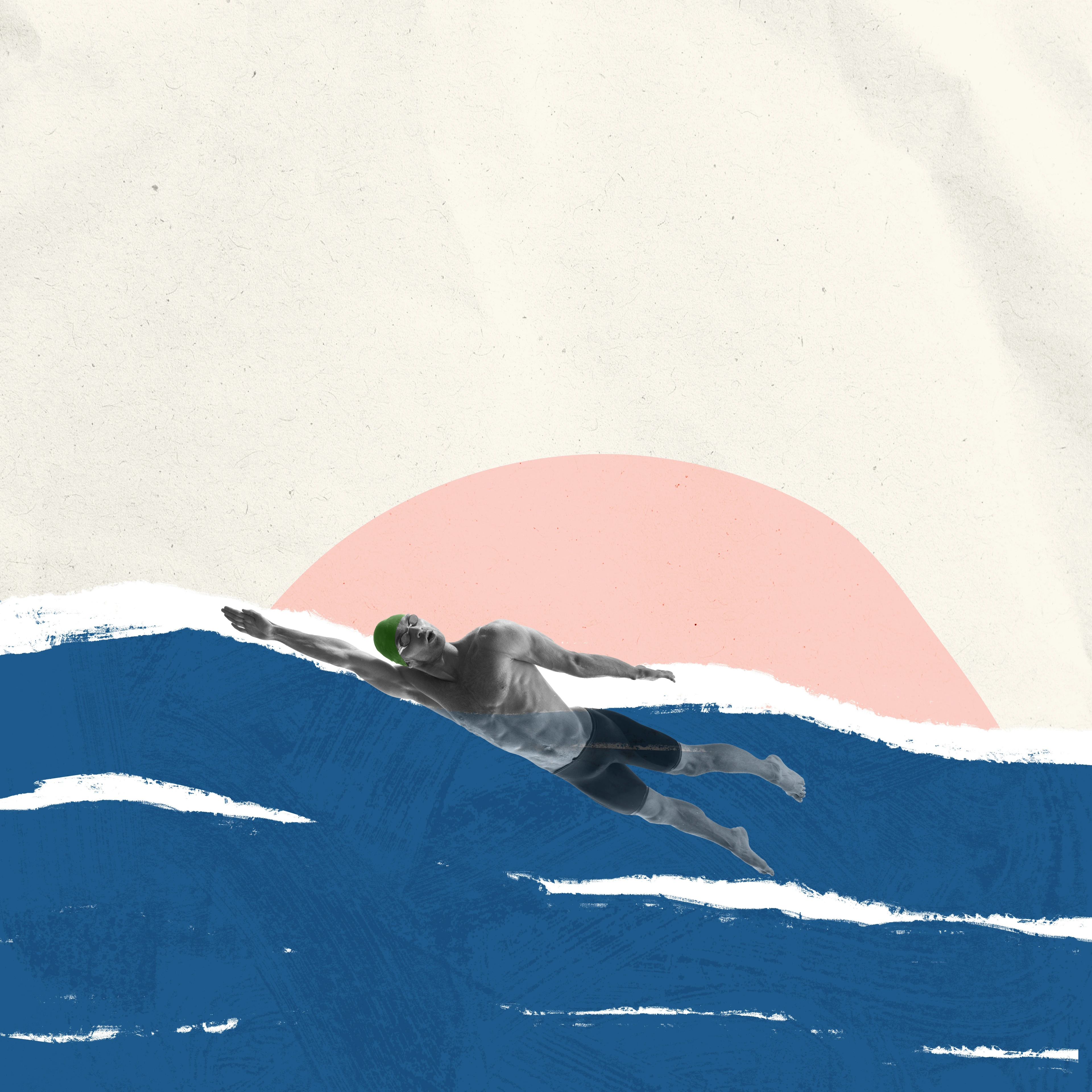 Contemporary art collage. Minimalism. Male swimmer swimming in front crawl stroke isolated over light background with geometric elements. Sport concept