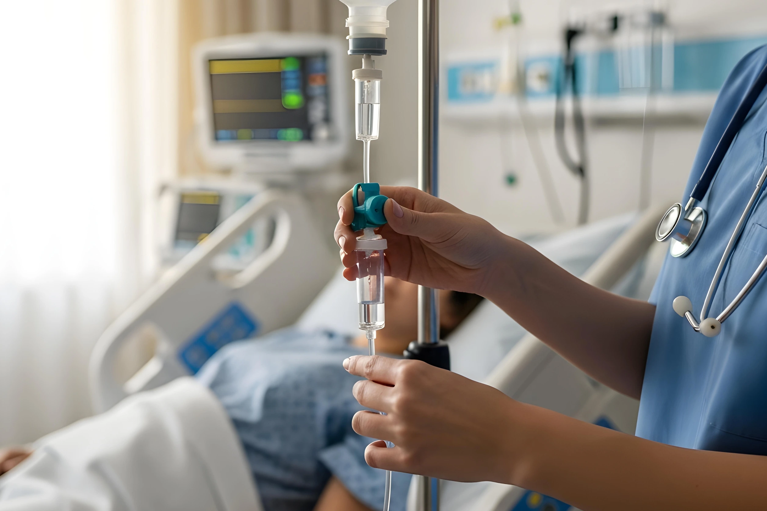 Nurse and patient in hospital bed with medical monitors