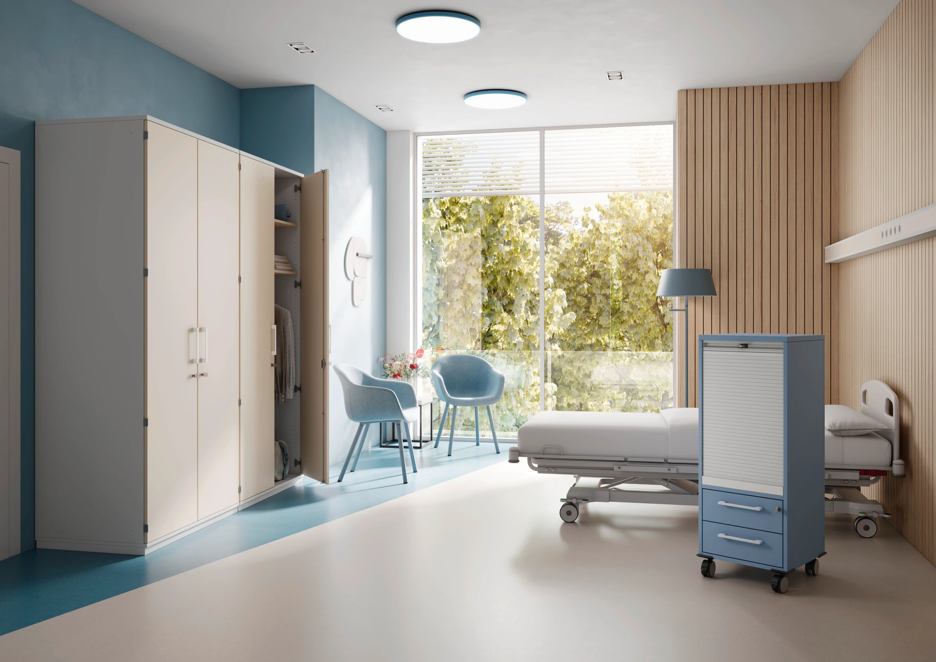 Care Patientenzimmer Prisma 2 Schrank Puder Superweiß Orga Plus Caddy Skyblau