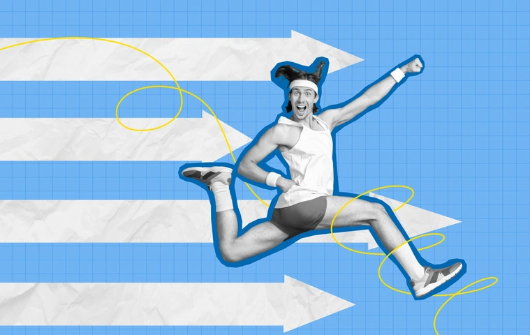 Composite photo collage of young professional sportsman running correct direction way finish fast speed isolated on blue color background
