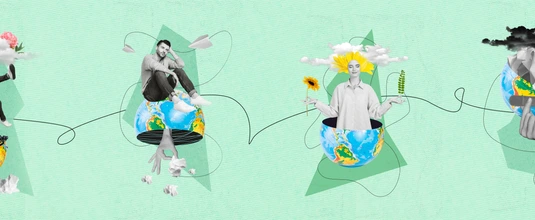 Creative retro 3d magazine collage image of people trying protect global environment isolated colorful background