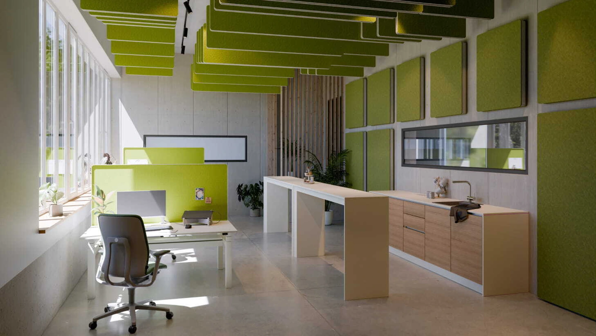 Ein hell gestaltetes Büro mit grünen Deckenelementen und grünen Wandverkleidungen.