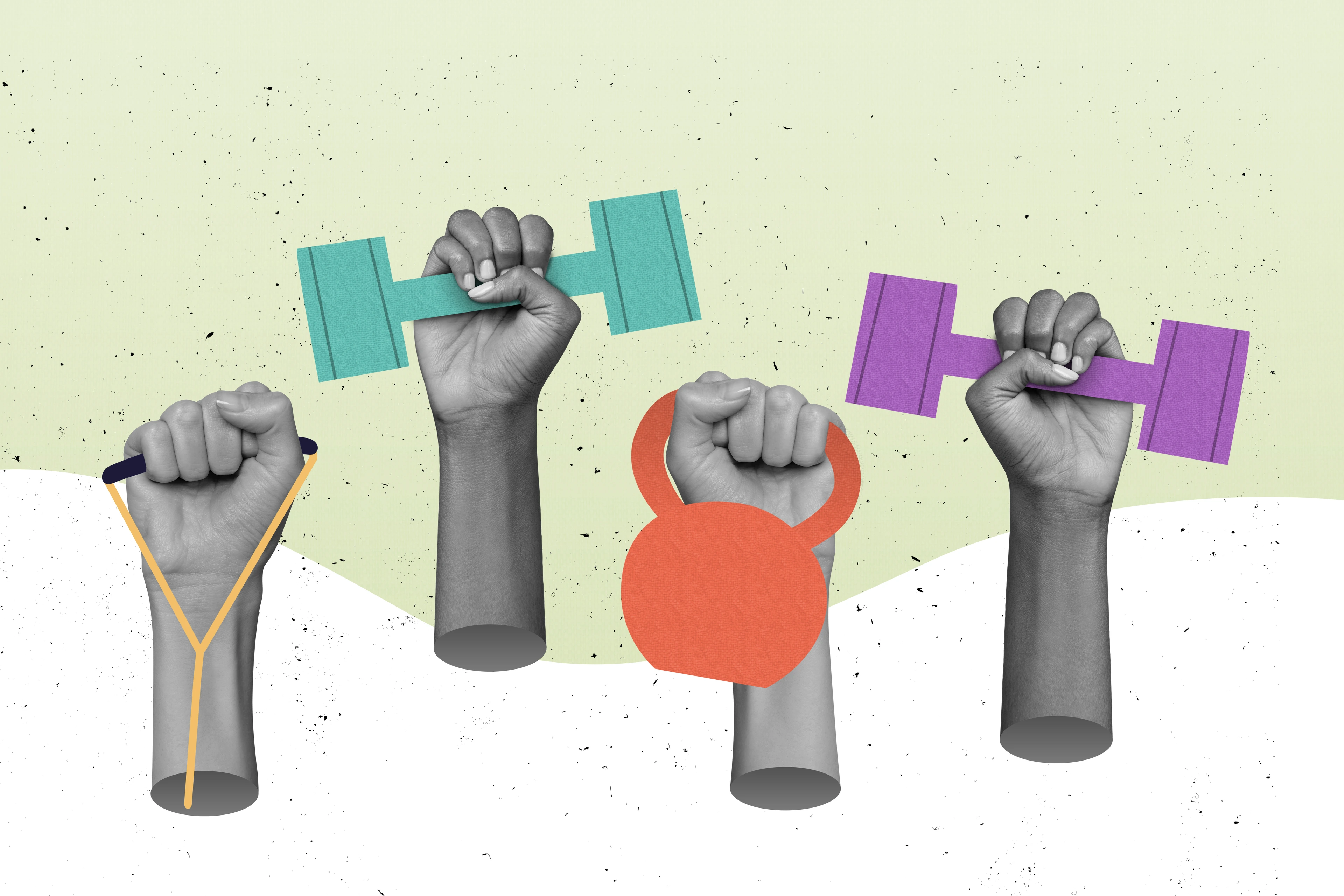 Poster collage of sportsman arms raise fitness tools health life body development concept isolated paint color background