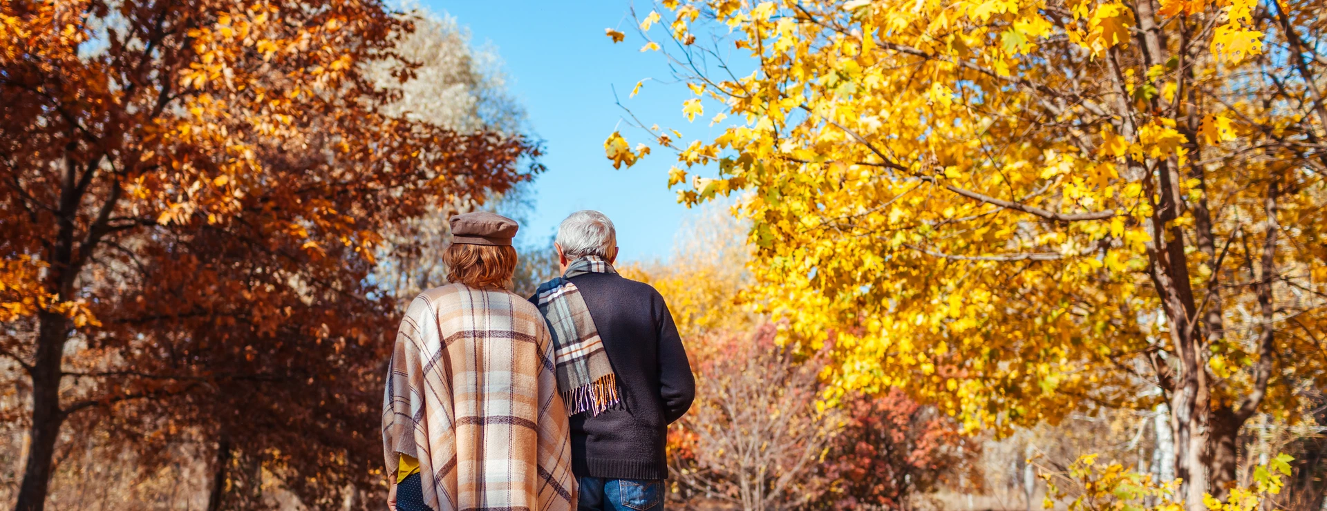 Fall activities. Senior couple walking in autumn park. Middle-aged man and woman hugging and chilling outdoors