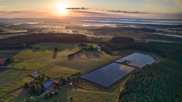 the pfaffenweiler solar park from above at sunset