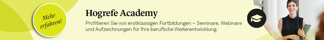 Werbebanner für die Hogrefe Academy: Erstklassige Fortbildungen – Seminare, Webinare und Aufzeichnungen für die berufliche Weiterentwicklung