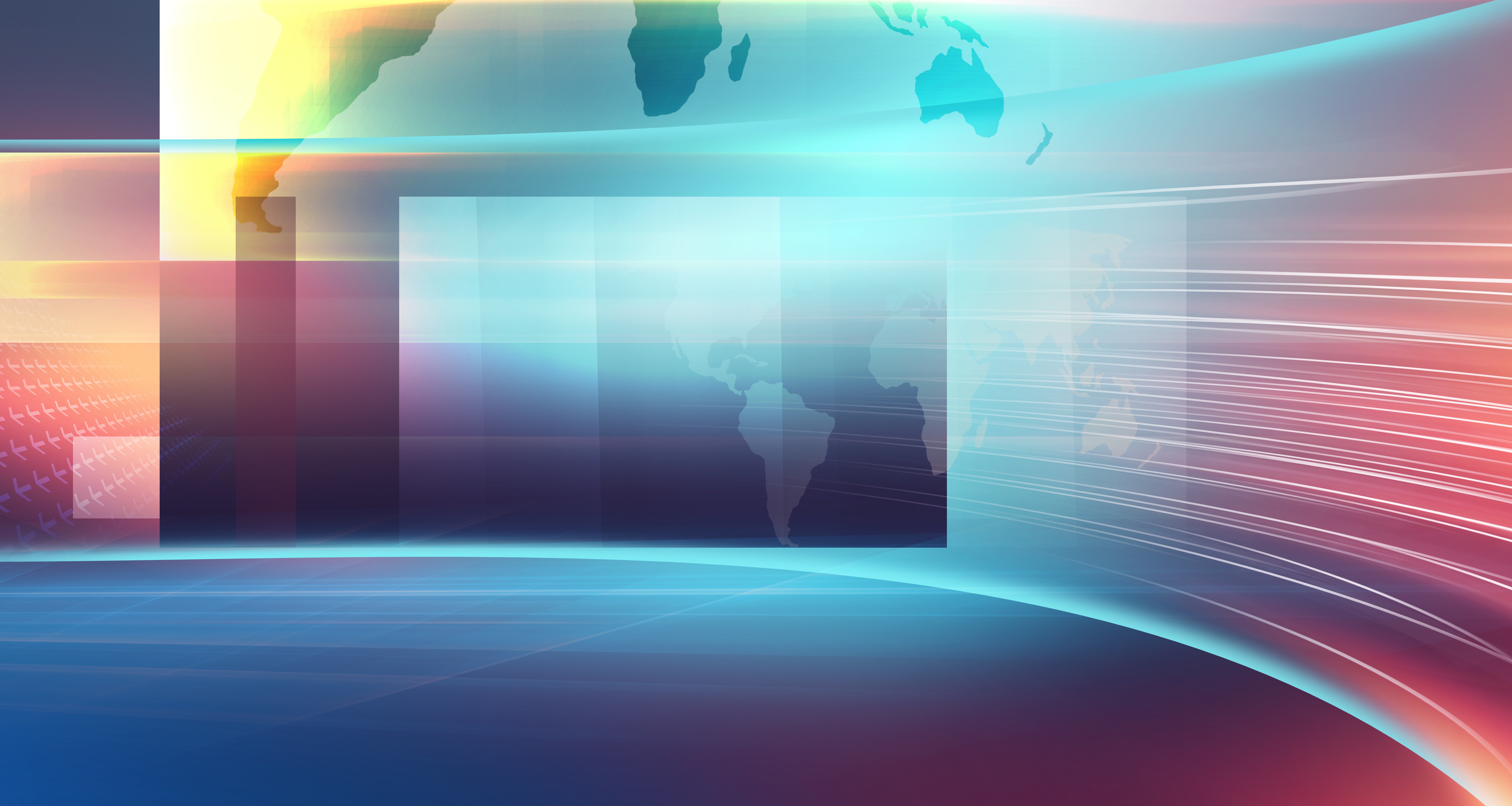 A 3D illustration of modern news studio space with world map on a flat screen, suitable for general news background