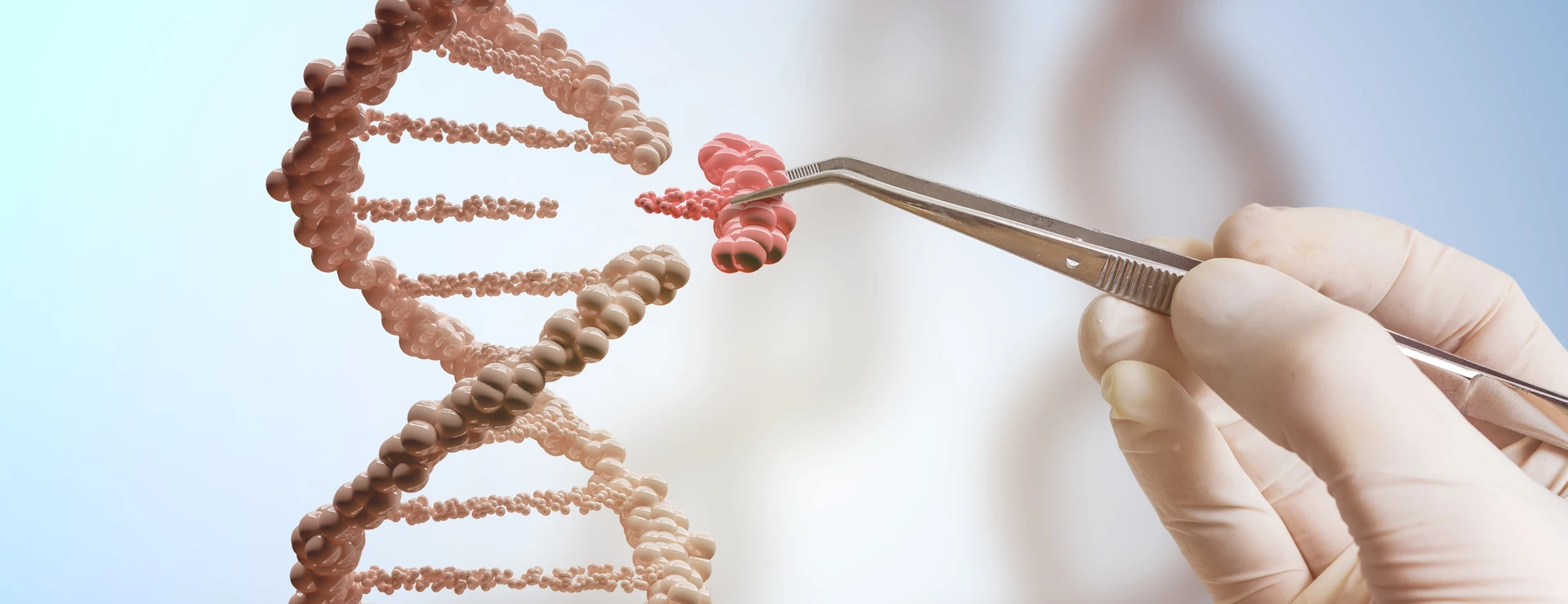 Genetic engineering and gene manipulation concept. Hand is replacing part of a DNA molecule.