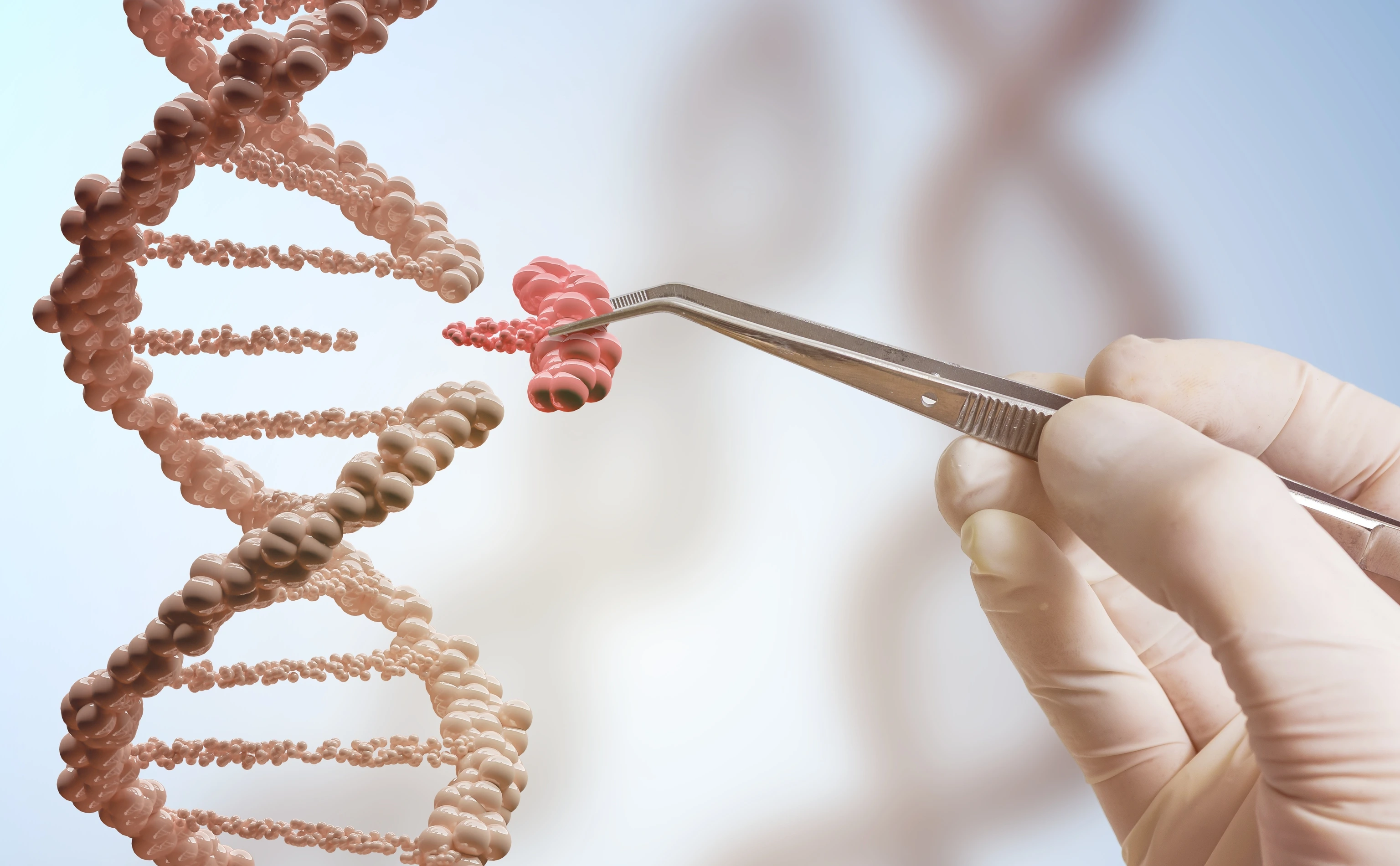 Genetic engineering and gene manipulation concept. Hand is replacing part of a DNA molecule.