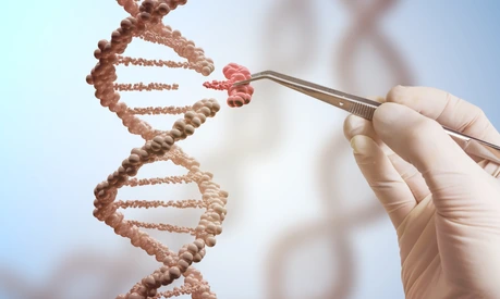Genetic engineering and gene manipulation concept. Hand is replacing part of a DNA molecule.