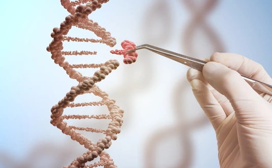 Genetic engineering and gene manipulation concept. Hand is replacing part of a DNA molecule.