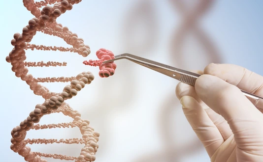 Genetic engineering and gene manipulation concept. Hand is replacing part of a DNA molecule.