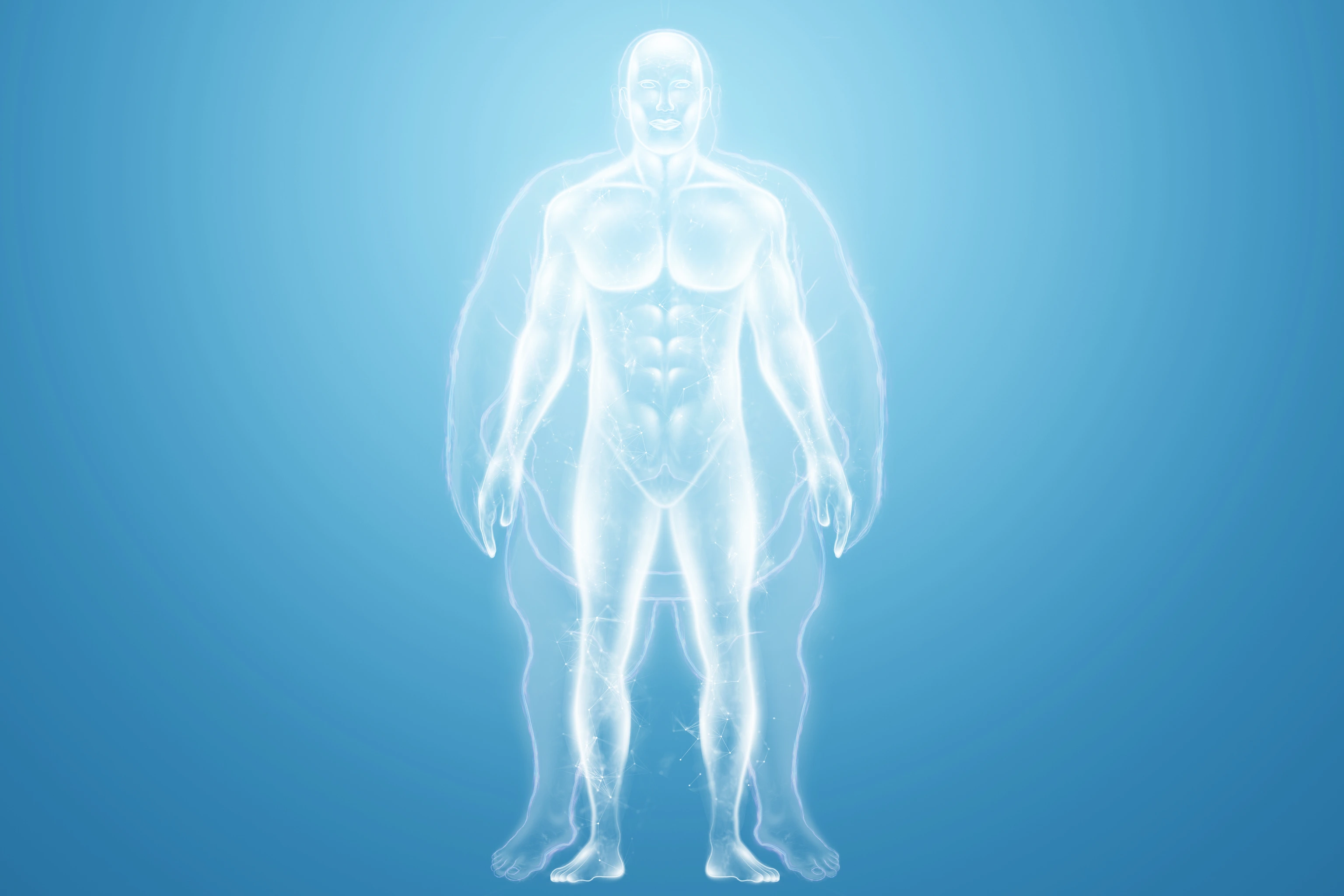 White hologram of an obese person on a blue background isolate. The concept of obesity, overweight, health problems, diet, diabetes.