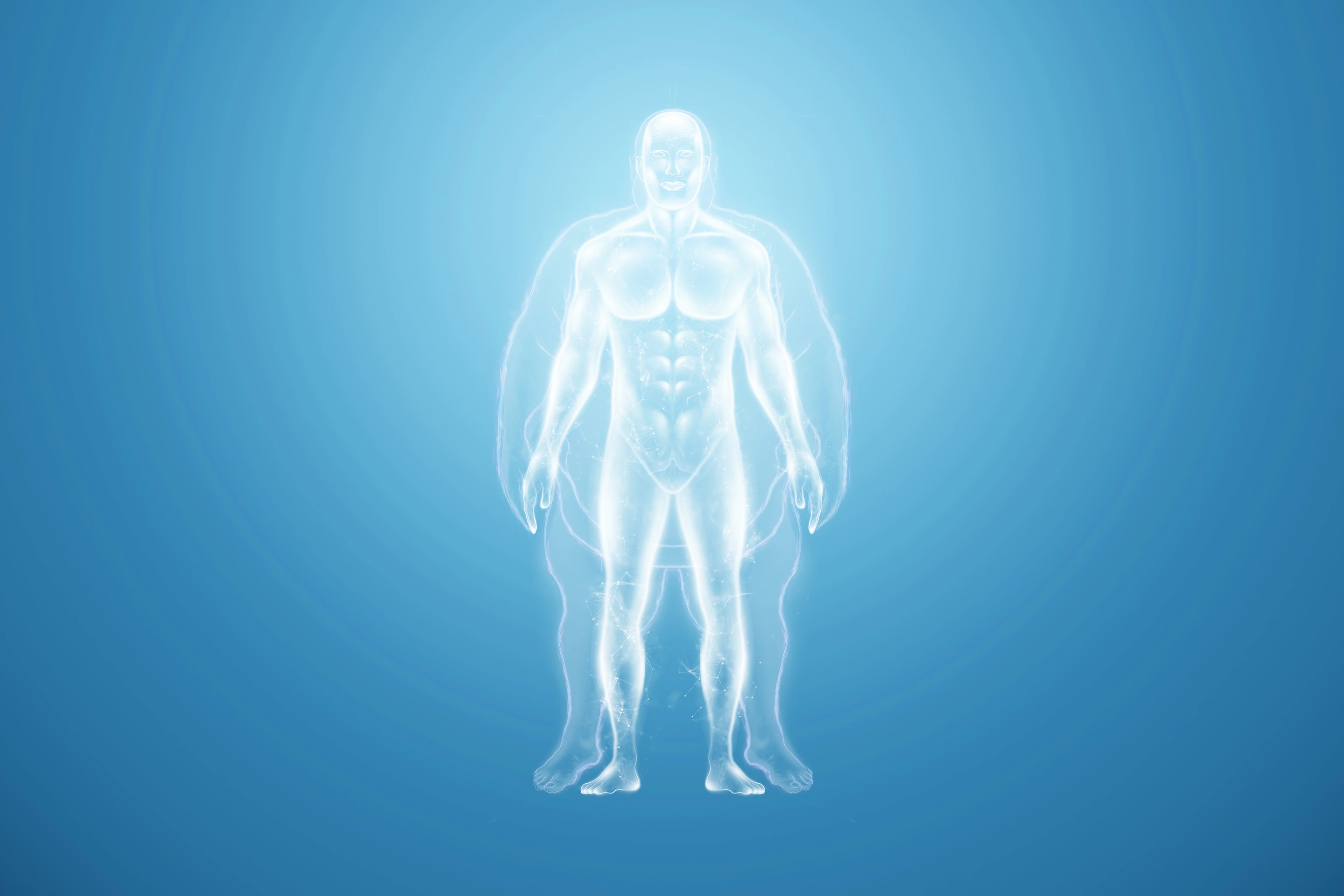 White hologram of an obese person on a blue background isolate. The concept of obesity, overweight, health problems, diet, diabetes.