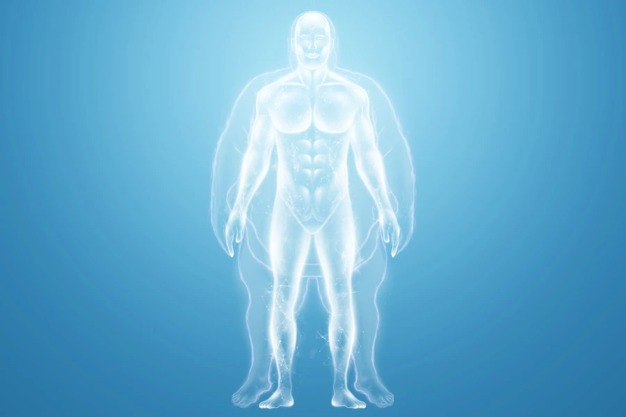 White hologram of an obese person on a blue background isolate. The concept of obesity, overweight, health problems, diet, diabetes.