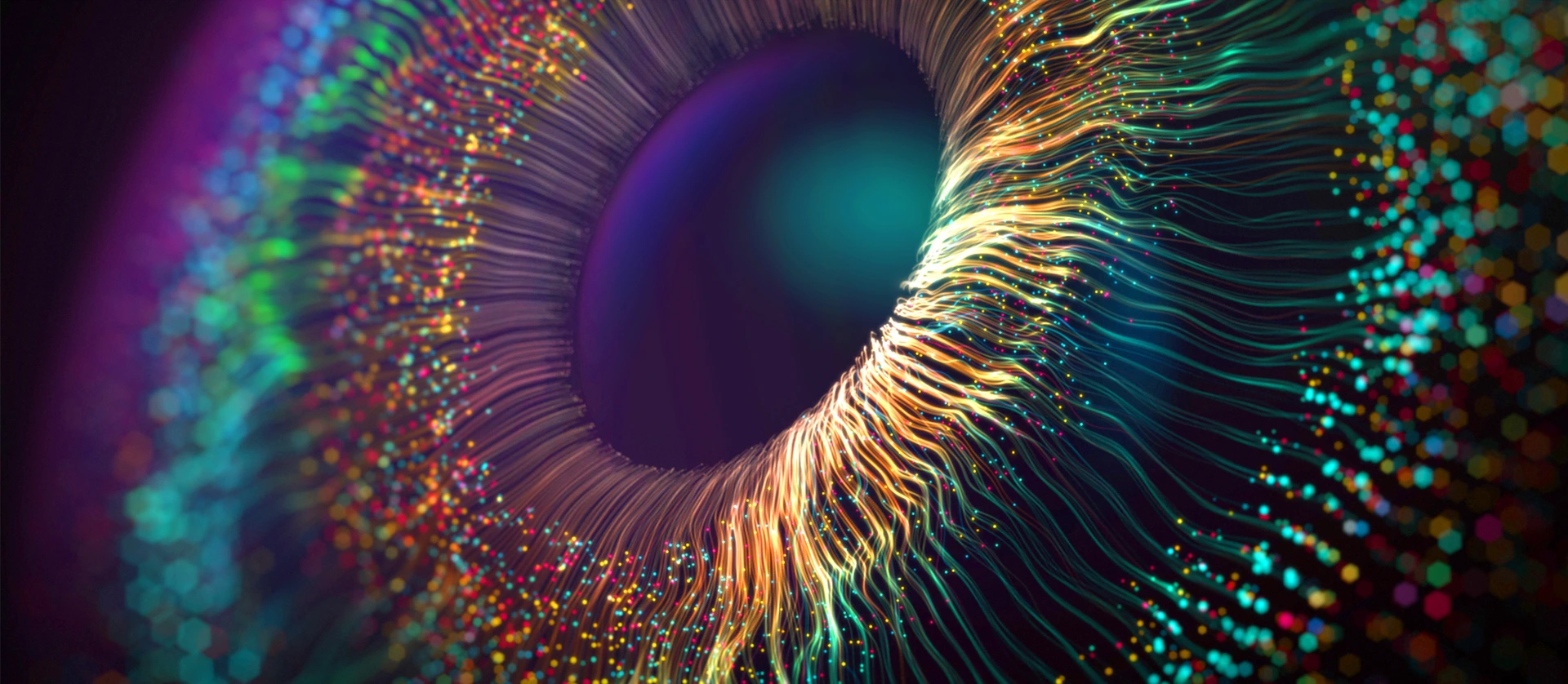 Variant of human multicolored iris of the eye animation concept. Rainbow lines after a flash scatter out of a bright white circle and forming volumetric a human eye iris and pupil. 3d rendering background in 4K.