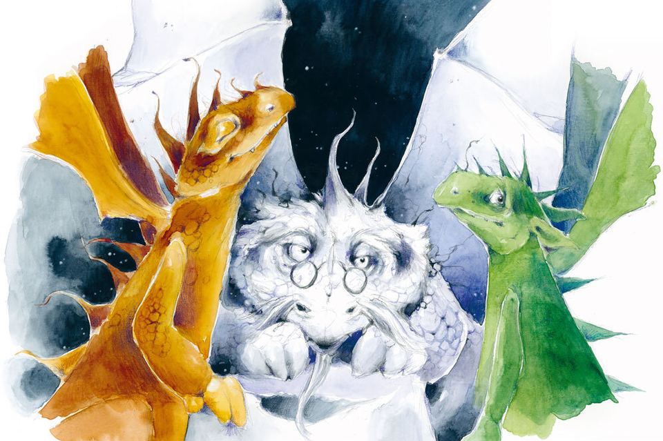 Illlustration, die Frido zeigt bei der Matheprüfung mit einem goldenen Drachen und einem alten, weißen Drachen