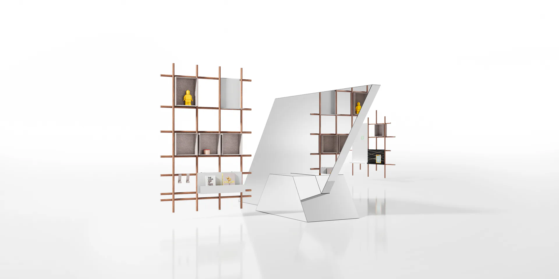 Modulares Wandsystem aus Holzröhren mit Regalen und Organisationselementen.