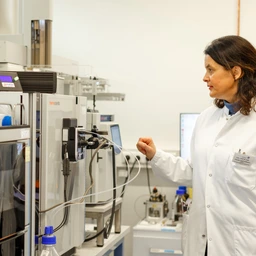 Direktorin Prof. Dr. Claudia Traidl-Hoffmann neben einem Labormessgerät.