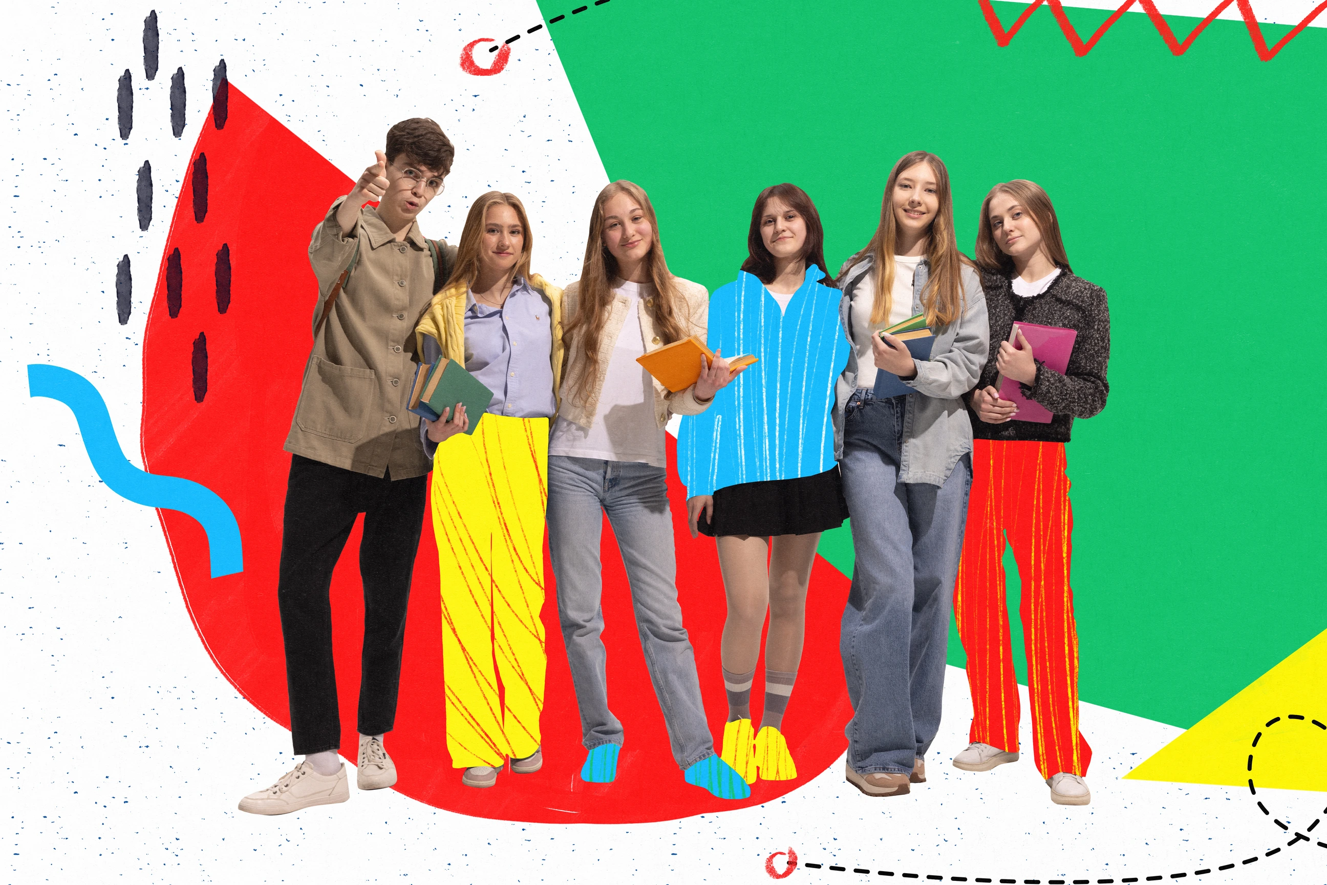 Teenagers standing in colorful outfits against back to school themed background. Memphis style