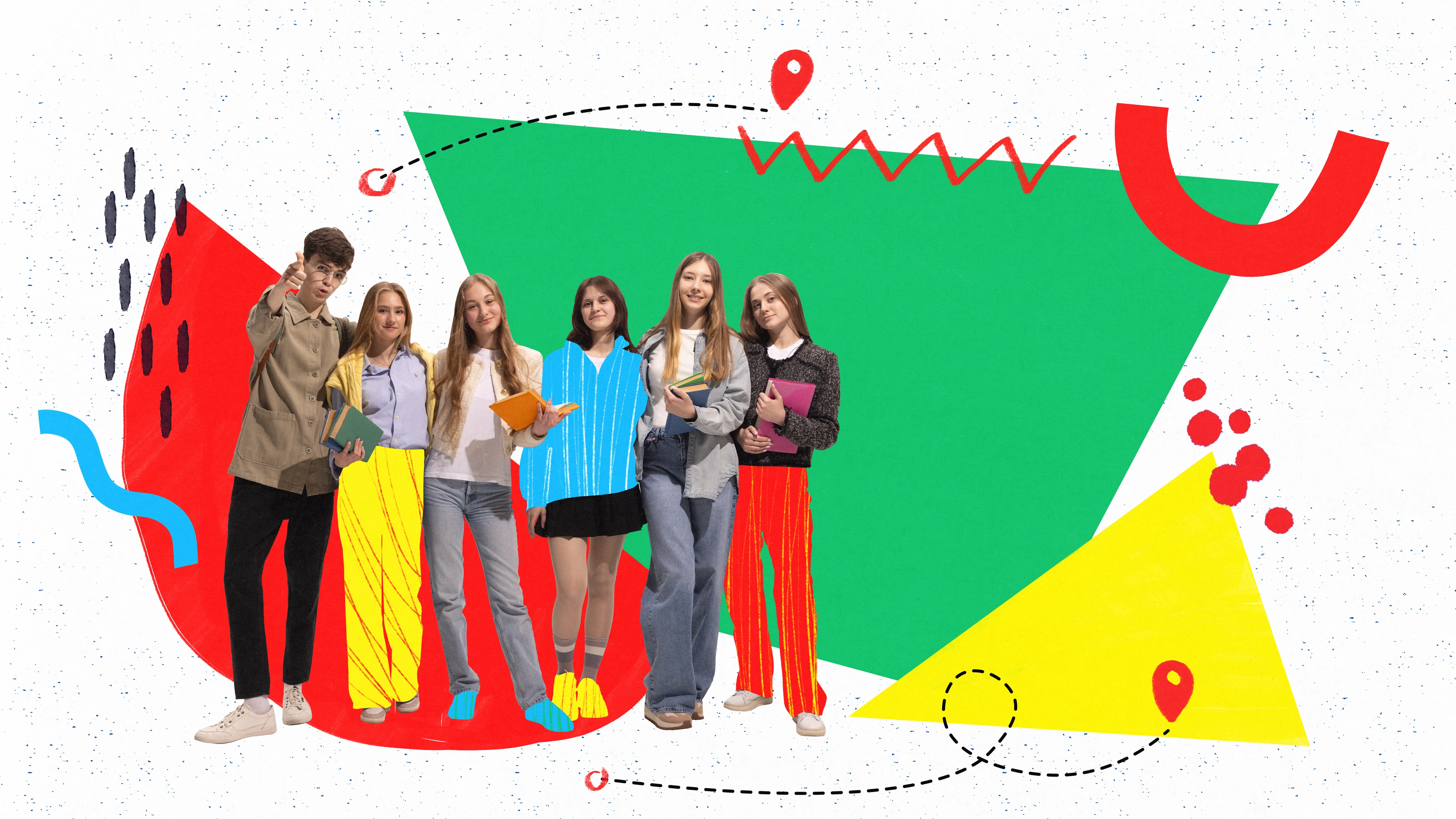 Teenagers standing in colorful outfits against back to school themed background. Memphis style