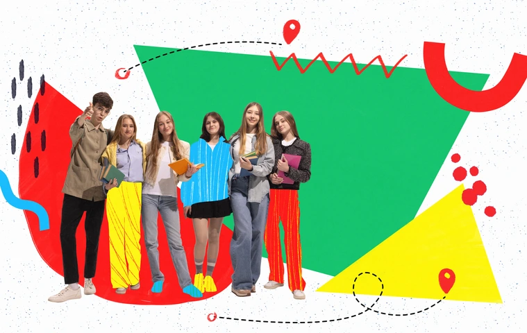 Teenagers standing in colorful outfits against back to school themed background. Memphis style