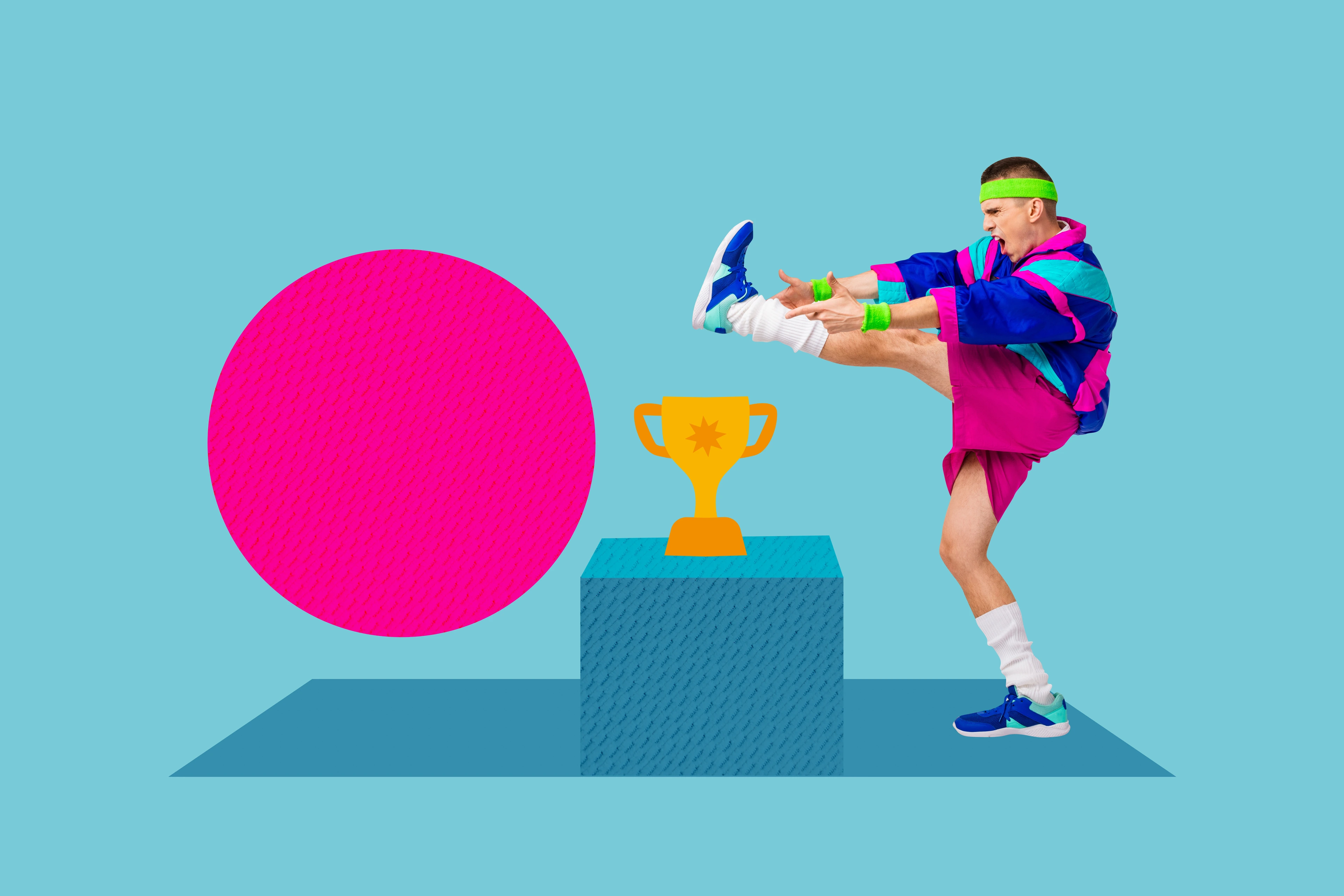 Exclusive sketch collage of happy sportsman kick leg golden cup reward goblet success winning contest achievement body care