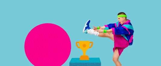 Exclusive sketch collage of happy sportsman kick leg golden cup reward goblet success winning contest achievement body care