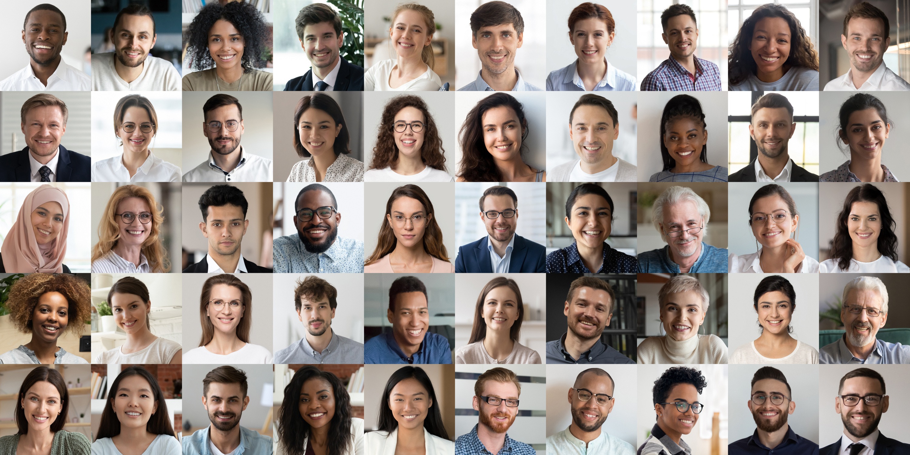 Many happy diverse ethnicity people faces headshots in collage