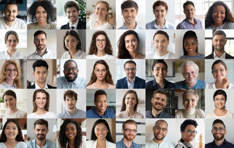 Many happy diverse ethnicity people faces headshots in collage