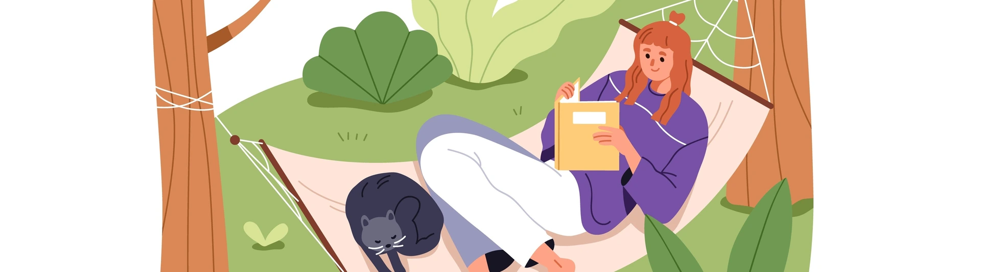 Happy girl relaxing in hammock in nature. Young woman reading book, lying with cat outdoors on summer holiday. Cozy calm rest, relaxation. Flat vector illustration isolated on white background