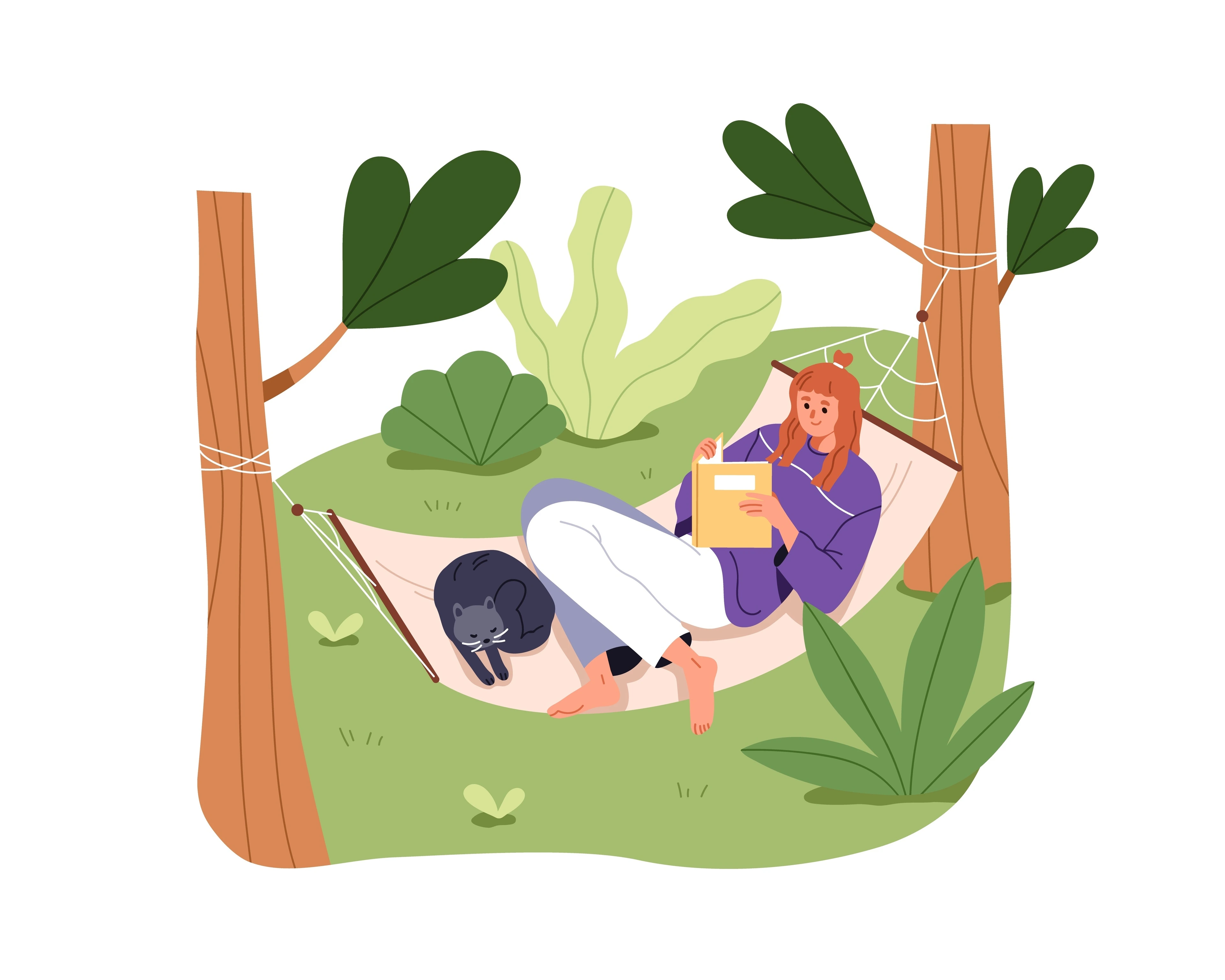 Happy girl relaxing in hammock in nature. Young woman reading book, lying with cat outdoors on summer holiday. Cozy calm rest, relaxation. Flat vector illustration isolated on white background
