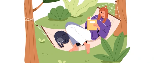 Happy girl relaxing in hammock in nature. Young woman reading book, lying with cat outdoors on summer holiday. Cozy calm rest, relaxation. Flat vector illustration isolated on white background