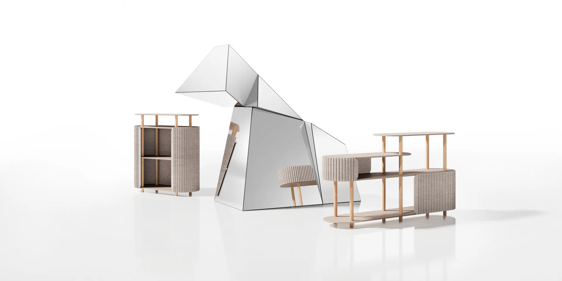 Modulares Sideboard mit Holzröhrenkonstruktion und offenen Ablageflächen.