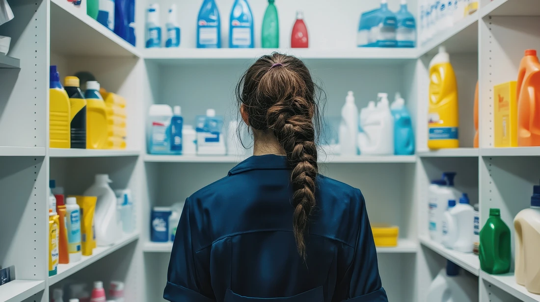 A Woman's Back in a Cleaning Supplies Closet