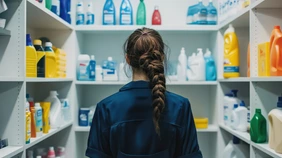 A Woman's Back in a Cleaning Supplies Closet